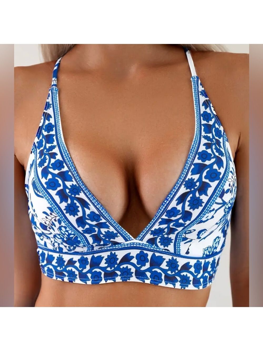 Blue Floral V Neck High Waisted Bikini Set - Picture 3 of 8